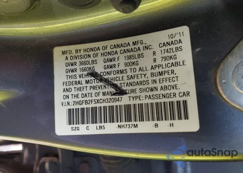 2012 Honda Civic Lx z USA, uszkodzony, nr VIN 2HGFB2F5XCH320947